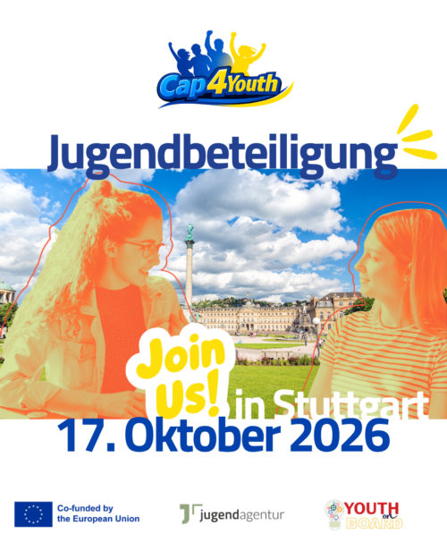 Im Hintergrund ein Foto von Stuttgart, davor 2 Mädchen im Austausch. Text: Jugendbeteiligung in Stuttgart. 17. Oktober 2026. Join us.
